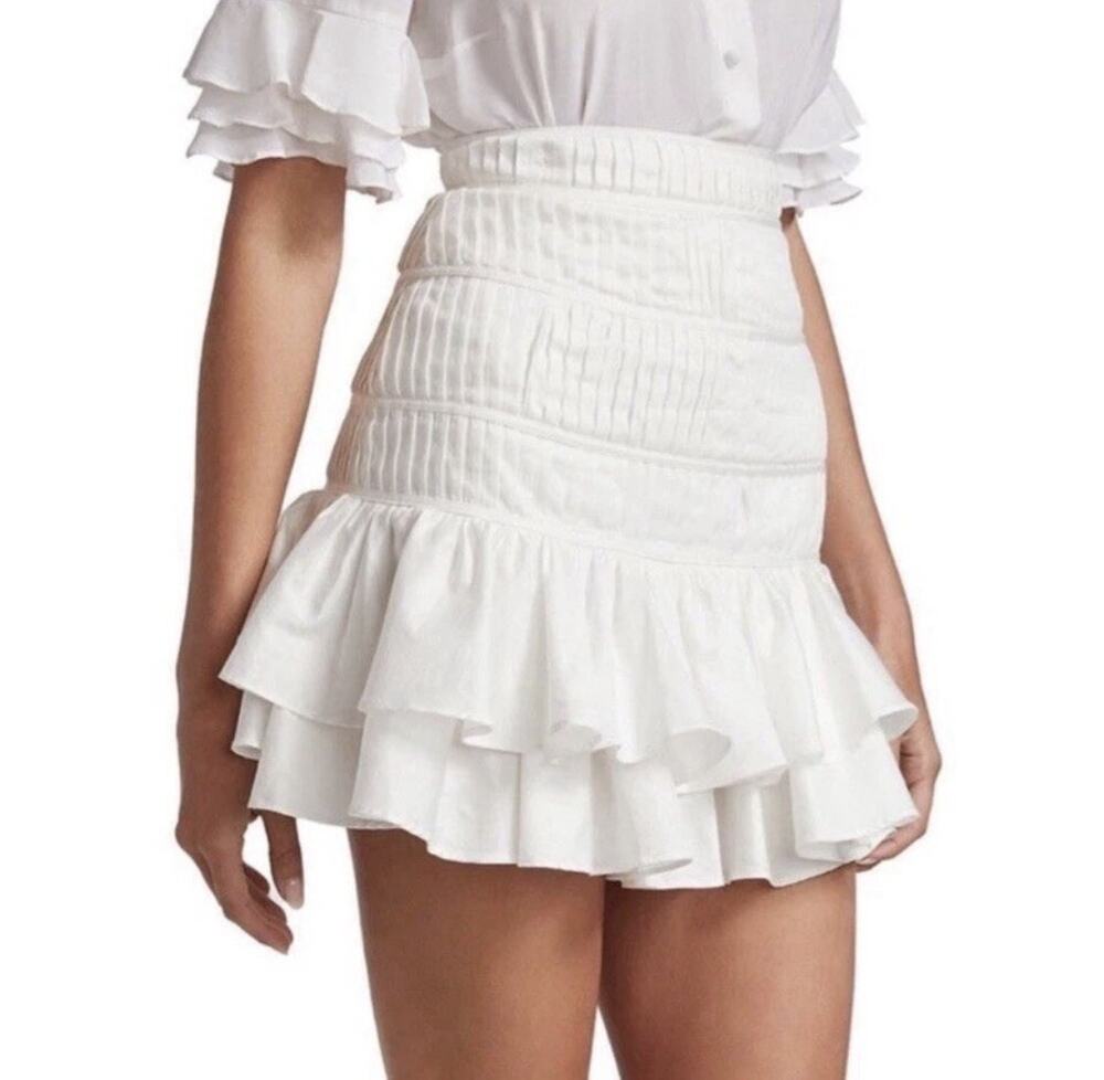 Aje Reine White Smocked Tiered Ruffle Mini Skirt NWT Size 8
